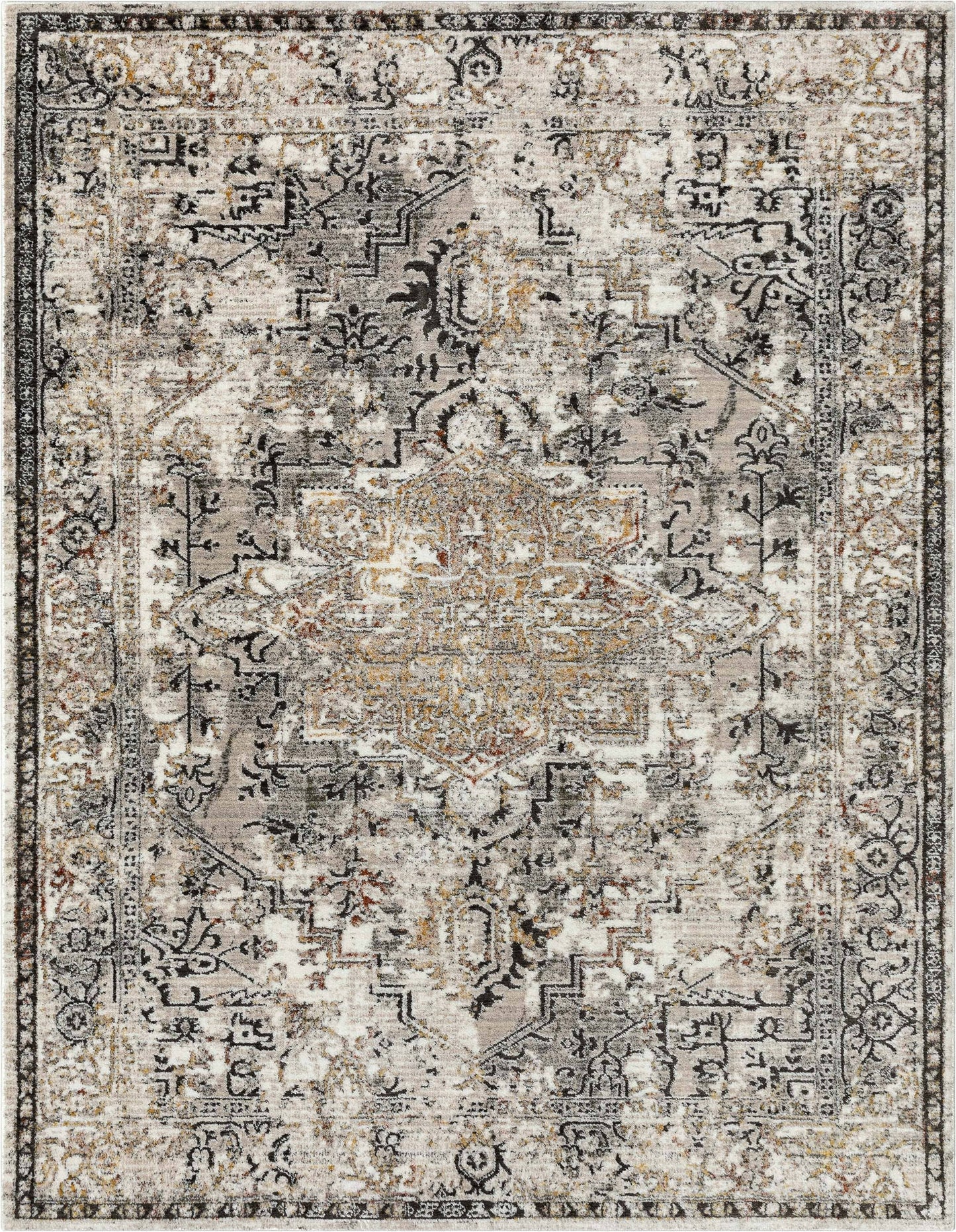 Heriz Medallion Modern Vintage Grey Ivory High-Low Rug: 5'2" x 7'