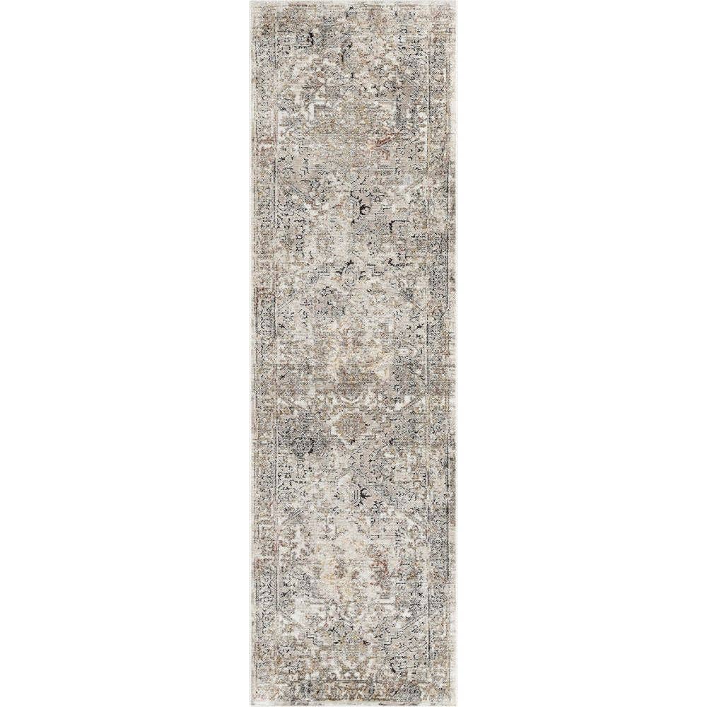 Heriz Medallion Modern Vintage Grey Ivory High-Low Rug: 5'2" x 7'