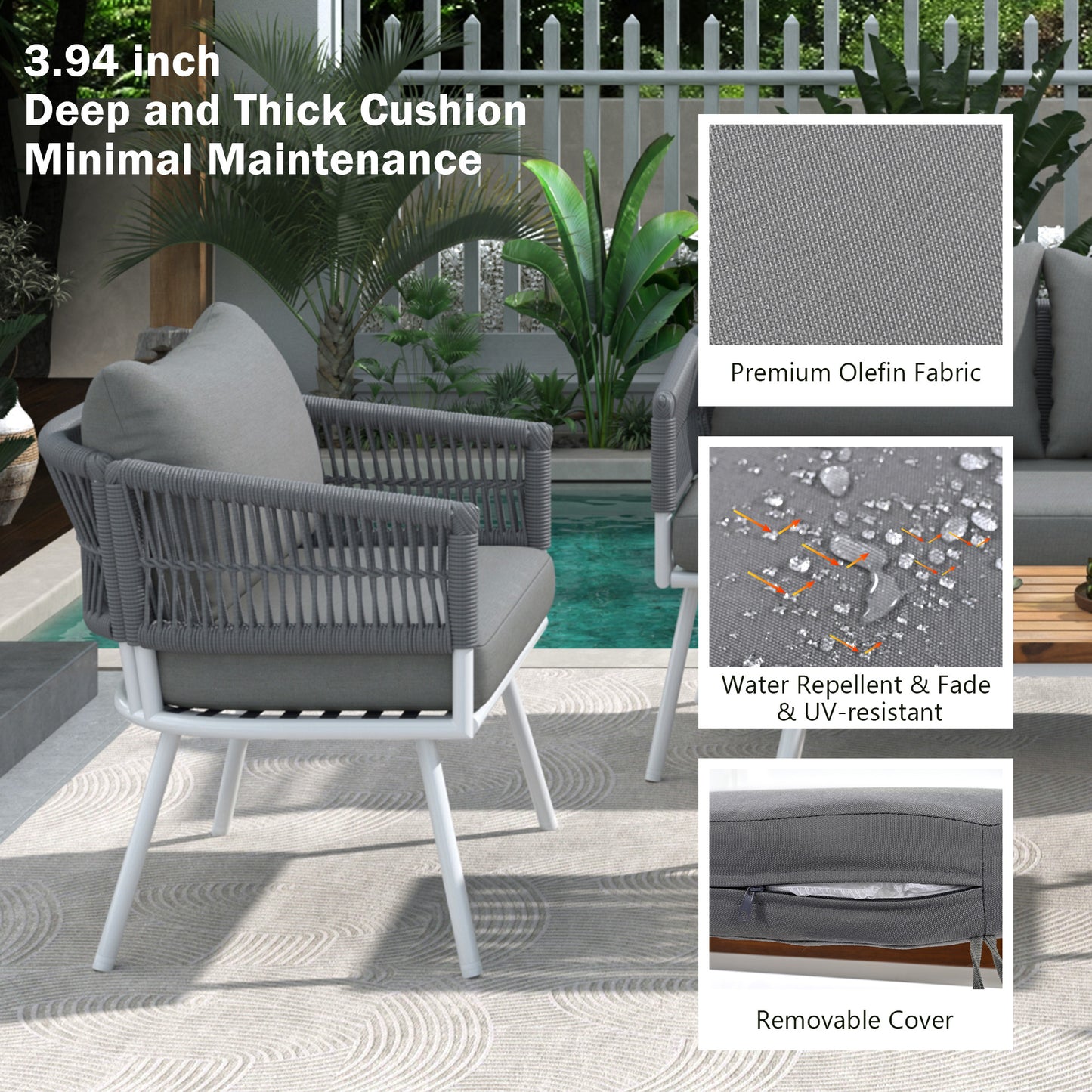 K&K 4-Piece Boho Rope Patio Furniture Set, Outdoor Furniture with Acacia Wood Table, Patio Conversation Set with Deep Seating & Thick Cushion for Backyard Porch Balcony, Grey