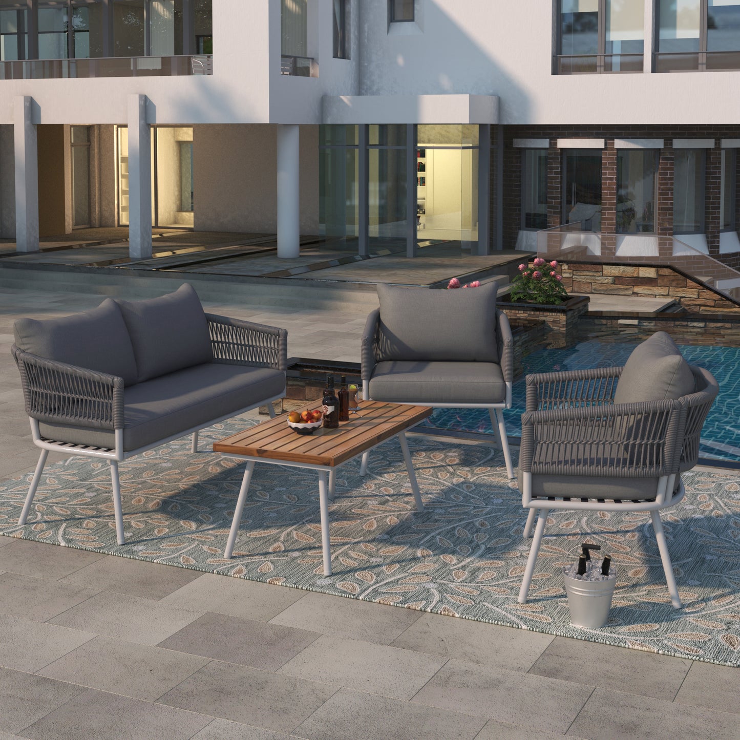 K&K 4-Piece Boho Rope Patio Furniture Set, Outdoor Furniture with Acacia Wood Table, Patio Conversation Set with Deep Seating & Thick Cushion for Backyard Porch Balcony, Grey