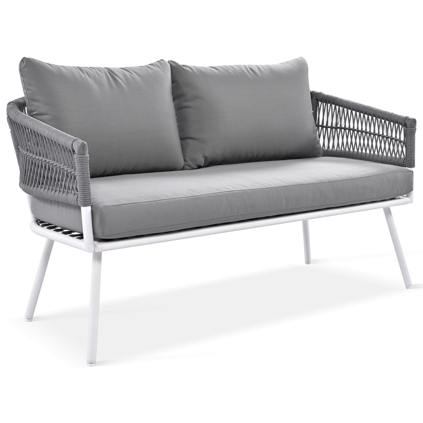 K&K 4-Piece Boho Rope Patio Furniture Set, Outdoor Furniture with Acacia Wood Table, Patio Conversation Set with Deep Seating & Thick Cushion for Backyard Porch Balcony, Grey