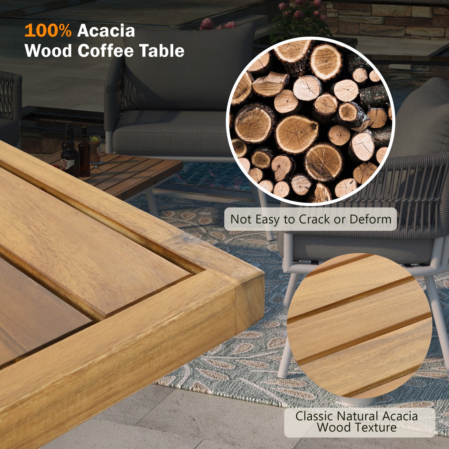 K&K 4-Piece Boho Rope Patio Furniture Set, Outdoor Furniture with Acacia Wood Table, Patio Conversation Set with Deep Seating & Thick Cushion for Backyard Porch Balcony, Grey