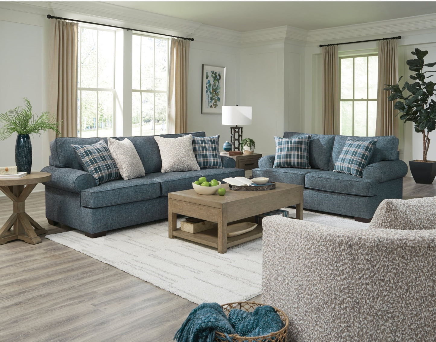 Navy Transitional Rolled Arm Sofa and Loveseat