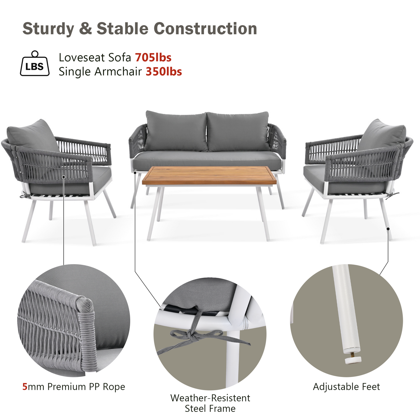K&K 4-Piece Boho Rope Patio Furniture Set, Outdoor Furniture with Acacia Wood Table, Patio Conversation Set with Deep Seating & Thick Cushion for Backyard Porch Balcony, Grey