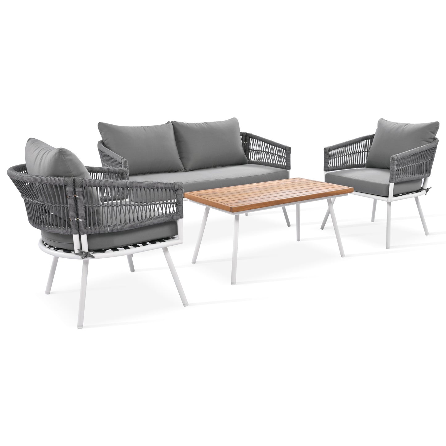 K&K 4-Piece Boho Rope Patio Furniture Set, Outdoor Furniture with Acacia Wood Table, Patio Conversation Set with Deep Seating & Thick Cushion for Backyard Porch Balcony, Grey