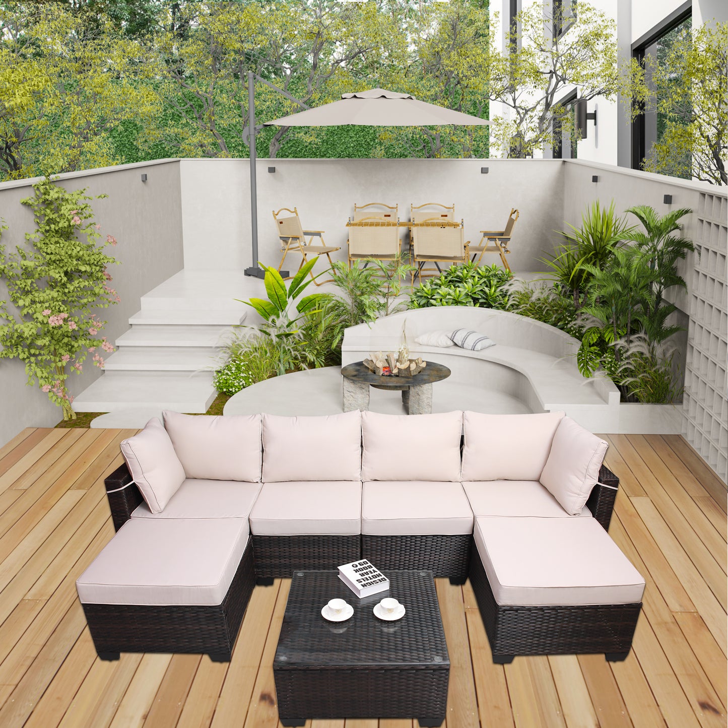 Outdoor Garden Patio Furniture 7-Piece PE Rattan Wicker Cushioned Sofa Sets and Coffee Table, patio furniture set;outdoor couch;outdoor couch patio furniture;outdoor sofa;patio couch