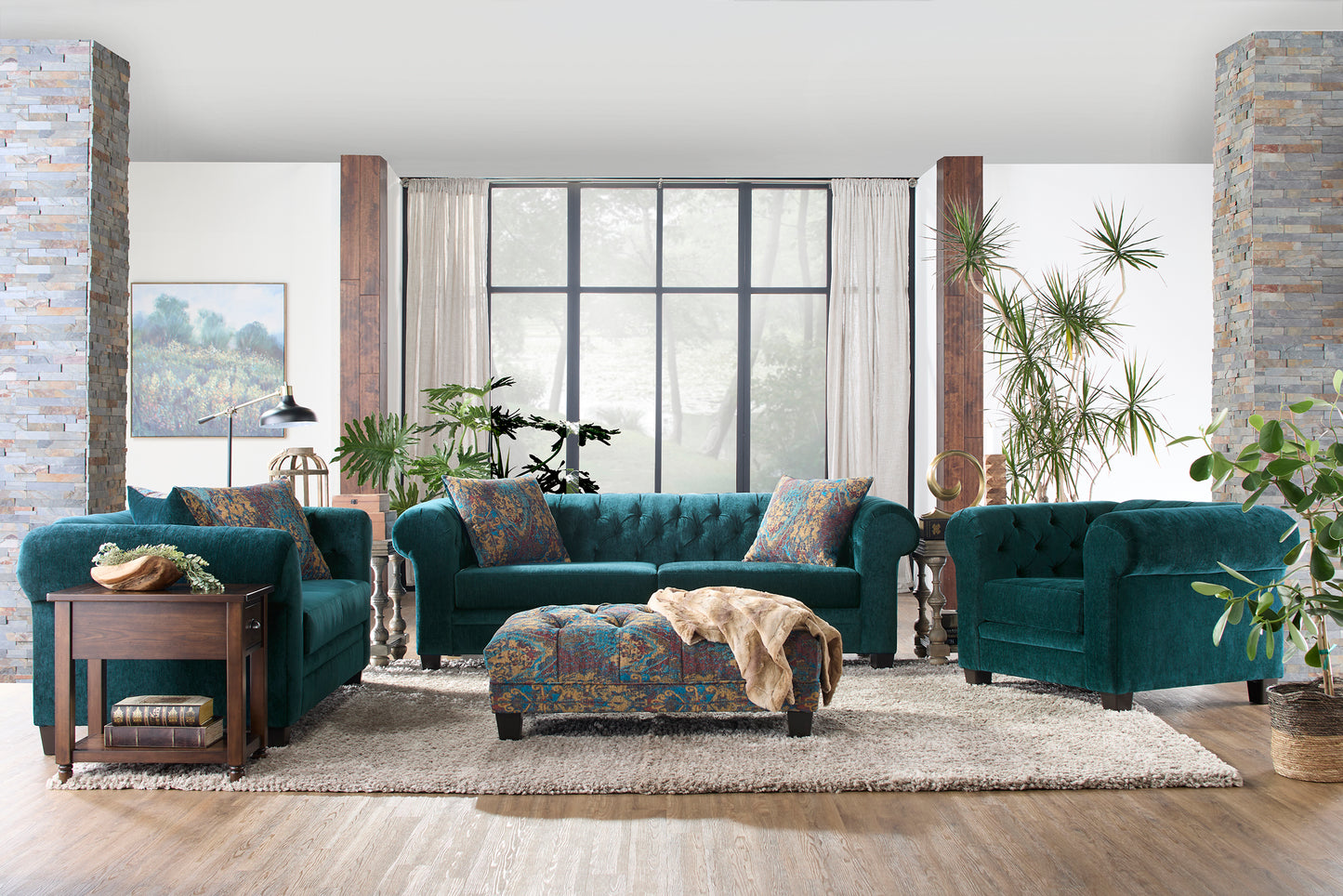 Lush Peacock Tufted Sofa and Loveseat