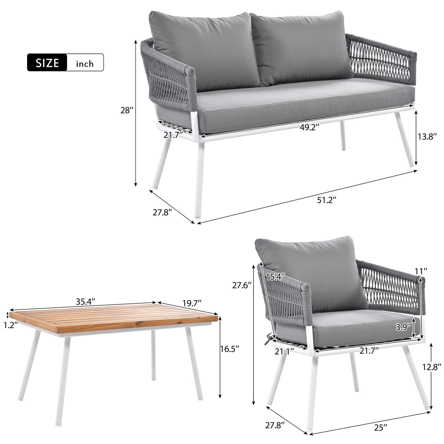 K&K 4-Piece Boho Rope Patio Furniture Set, Outdoor Furniture with Acacia Wood Table, Patio Conversation Set with Deep Seating & Thick Cushion for Backyard Porch Balcony, Grey