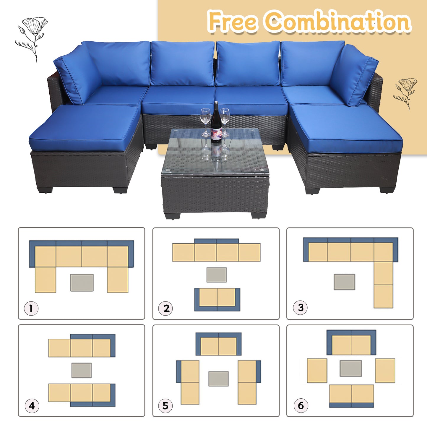 Outdoor Garden Patio Furniture 7-Piece PE Rattan Wicker Cushioned Sofa Sets and Coffee Table, patio furniture set;outdoor couch;outdoor couch patio furniture;outdoor sofa;patio couch