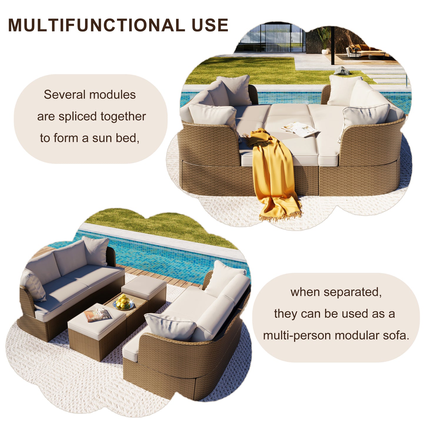 U_Style Customizable Outdoor Patio Furniture Set, Wicker Furniture Sofa Set with Thick Cushions, Suitable for Backyard, Porch.