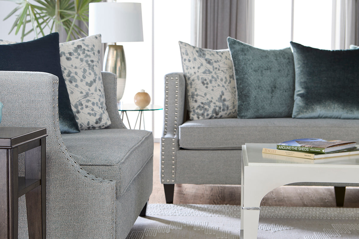 Moondance Mist Chrome Nailhead Sofa and Loveseat