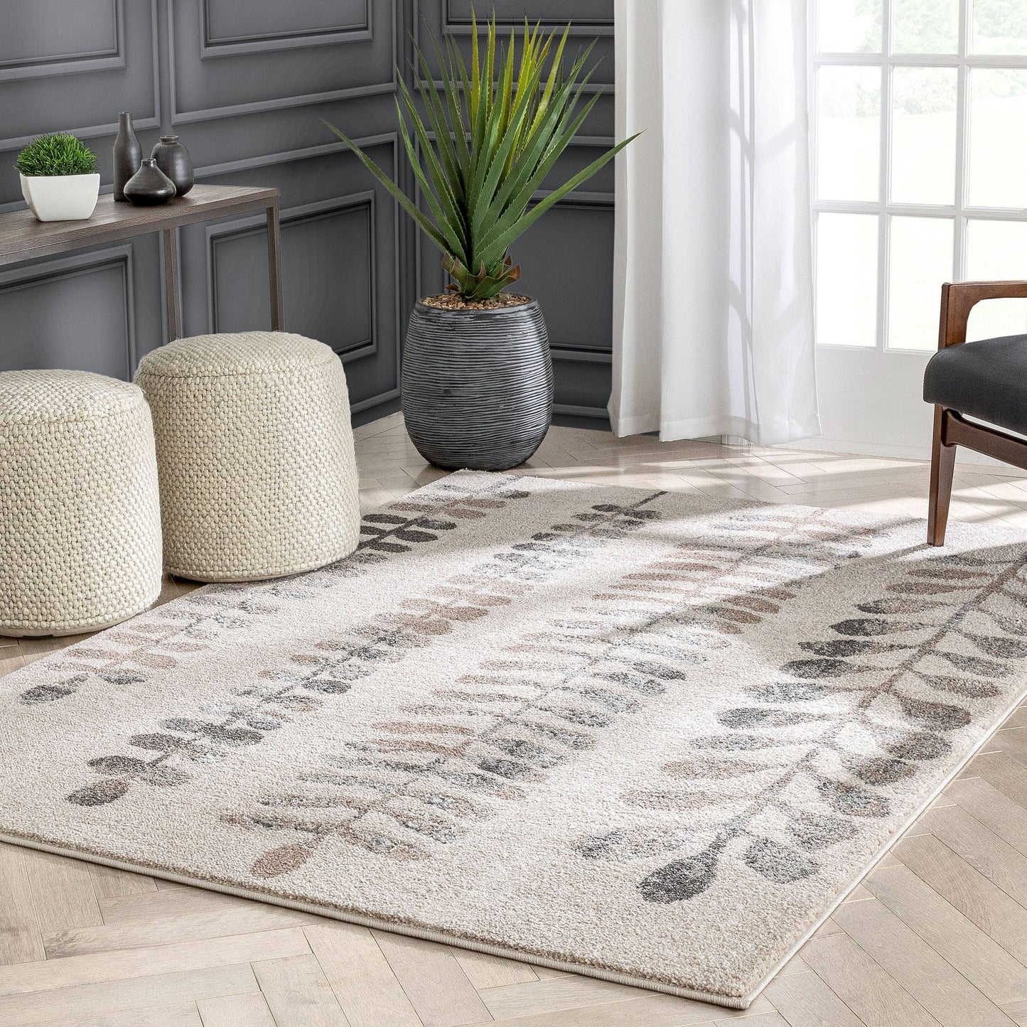 Myra Abstract Leaf Pattern Ivory Vintage Rug: 5'3" x 7'3"