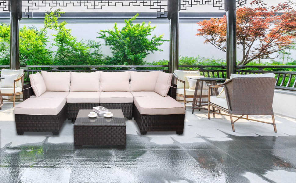 Outdoor Garden Patio Furniture 7-Piece PE Rattan Wicker Cushioned Sofa Sets and Coffee Table, patio furniture set;outdoor couch;outdoor couch patio furniture;outdoor sofa;patio couch