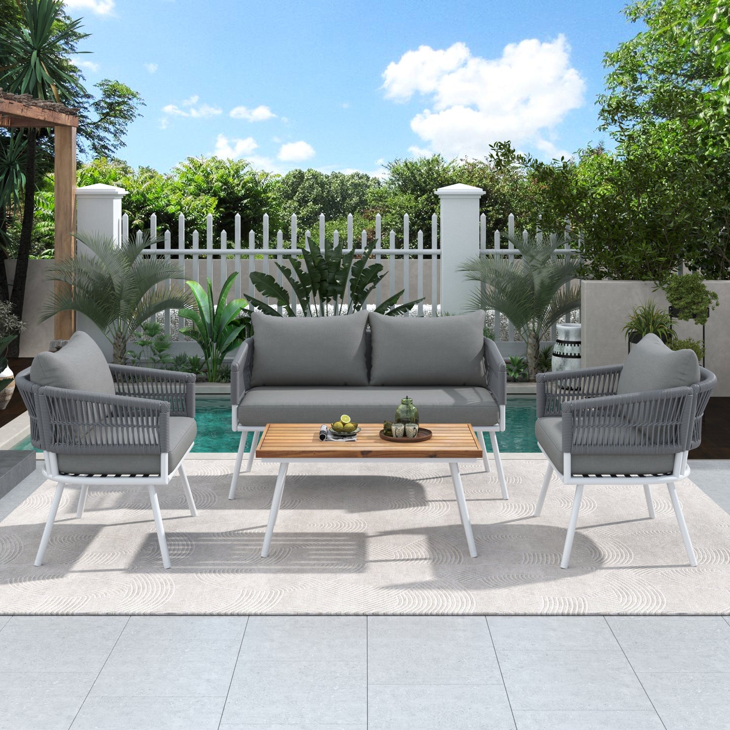 K&K 4-Piece Boho Rope Patio Furniture Set, Outdoor Furniture with Acacia Wood Table, Patio Conversation Set with Deep Seating & Thick Cushion for Backyard Porch Balcony, Grey