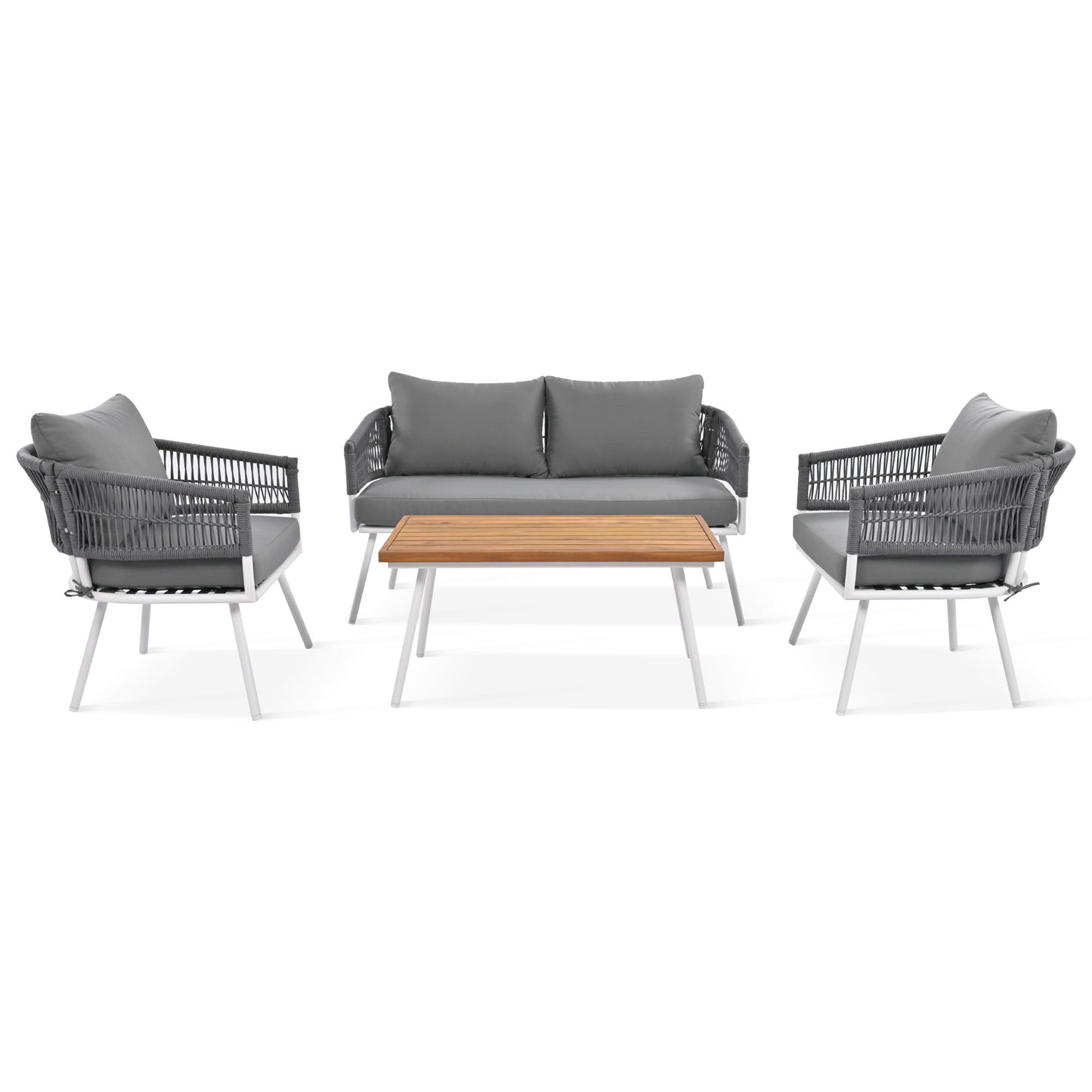 K&K 4-Piece Boho Rope Patio Furniture Set, Outdoor Furniture with Acacia Wood Table, Patio Conversation Set with Deep Seating & Thick Cushion for Backyard Porch Balcony, Grey