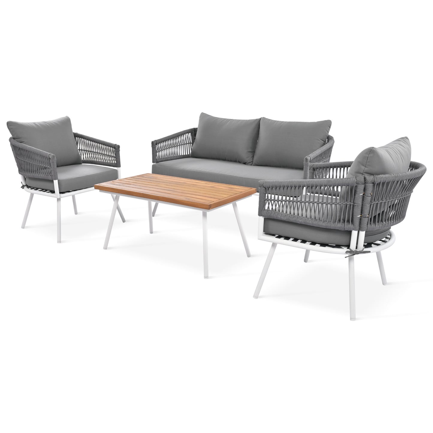 K&K 4-Piece Boho Rope Patio Furniture Set, Outdoor Furniture with Acacia Wood Table, Patio Conversation Set with Deep Seating & Thick Cushion for Backyard Porch Balcony, Grey
