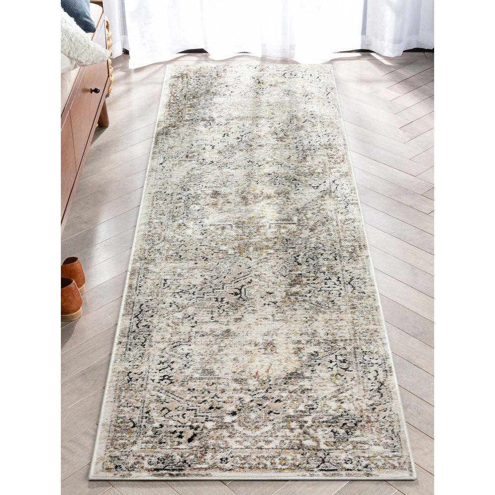 Heriz Medallion Modern Vintage Grey Ivory High-Low Rug: 5'2" x 7'