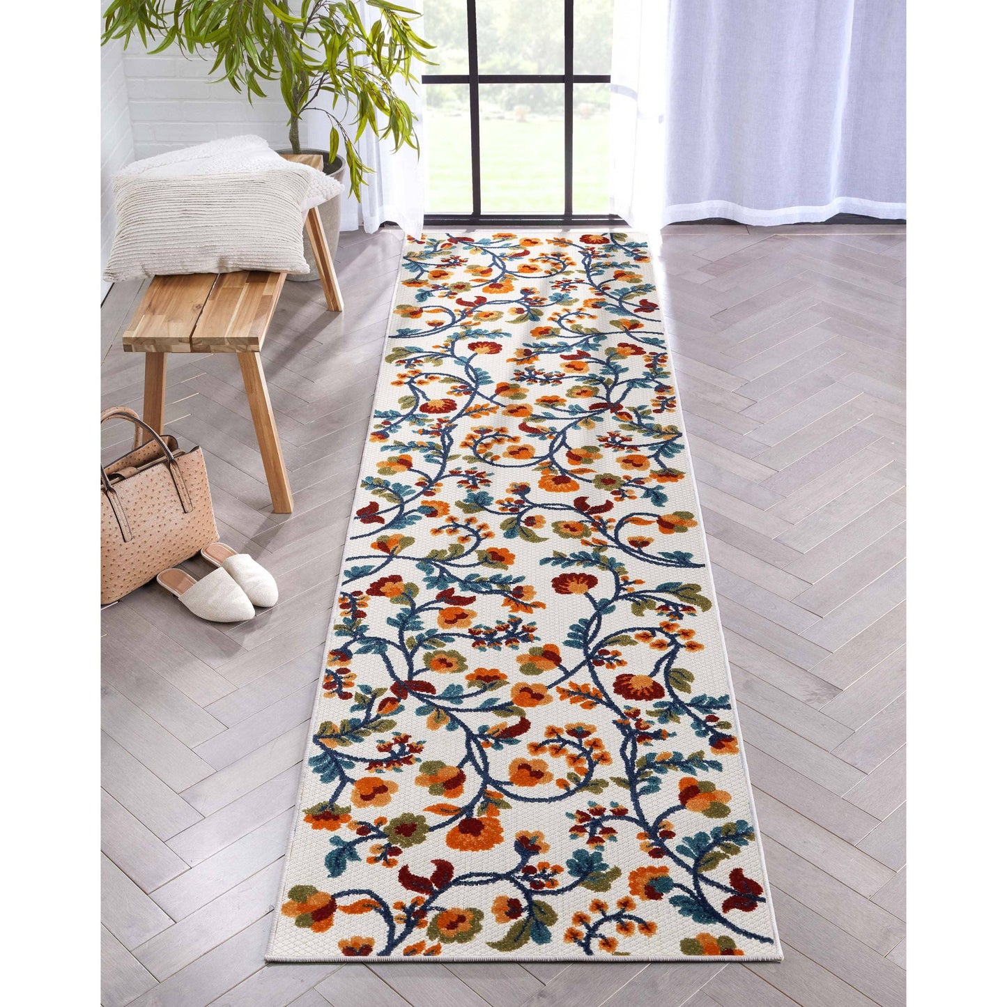 Neveh Beige Modern Floral Indoor Outdoor Rug: 5'3" x 7'3"