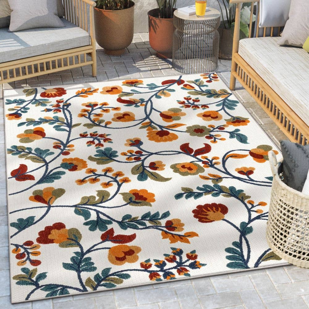 Neveh Beige Modern Floral Indoor Outdoor Rug: 5'3" x 7'3"