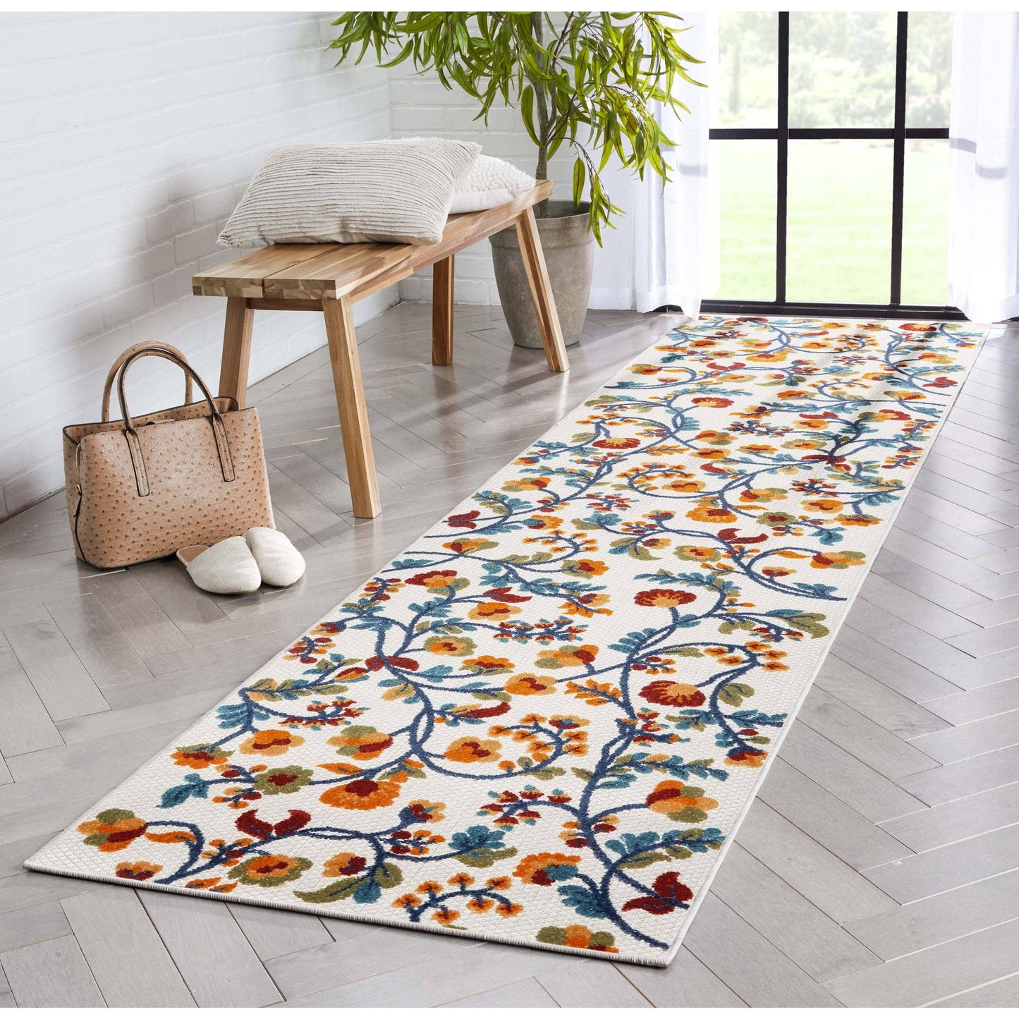 Neveh Beige Modern Floral Indoor Outdoor Rug: 5'3" x 7'3"