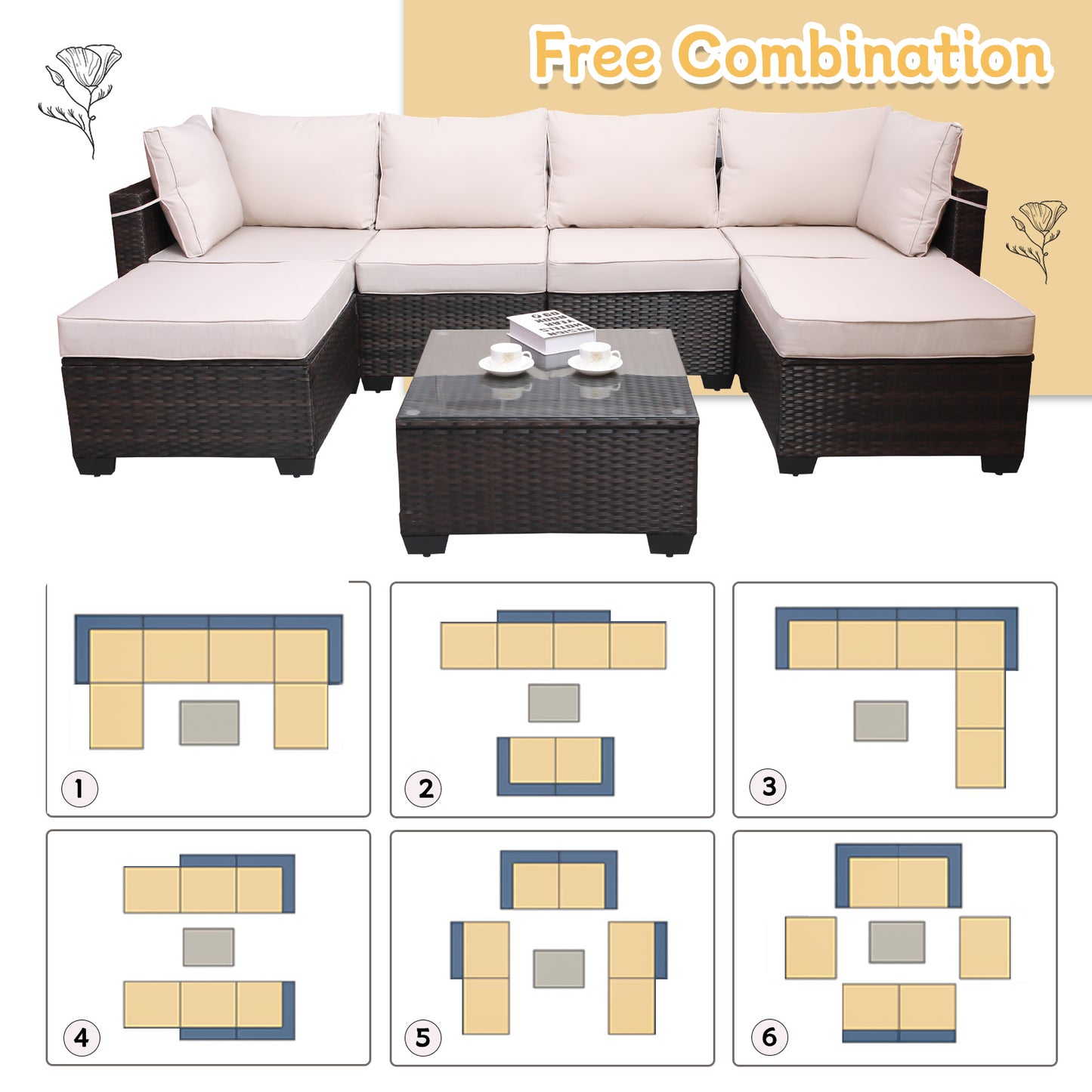 Outdoor Garden Patio Furniture 7-Piece PE Rattan Wicker Cushioned Sofa Sets and Coffee Table, patio furniture set;outdoor couch;outdoor couch patio furniture;outdoor sofa;patio couch