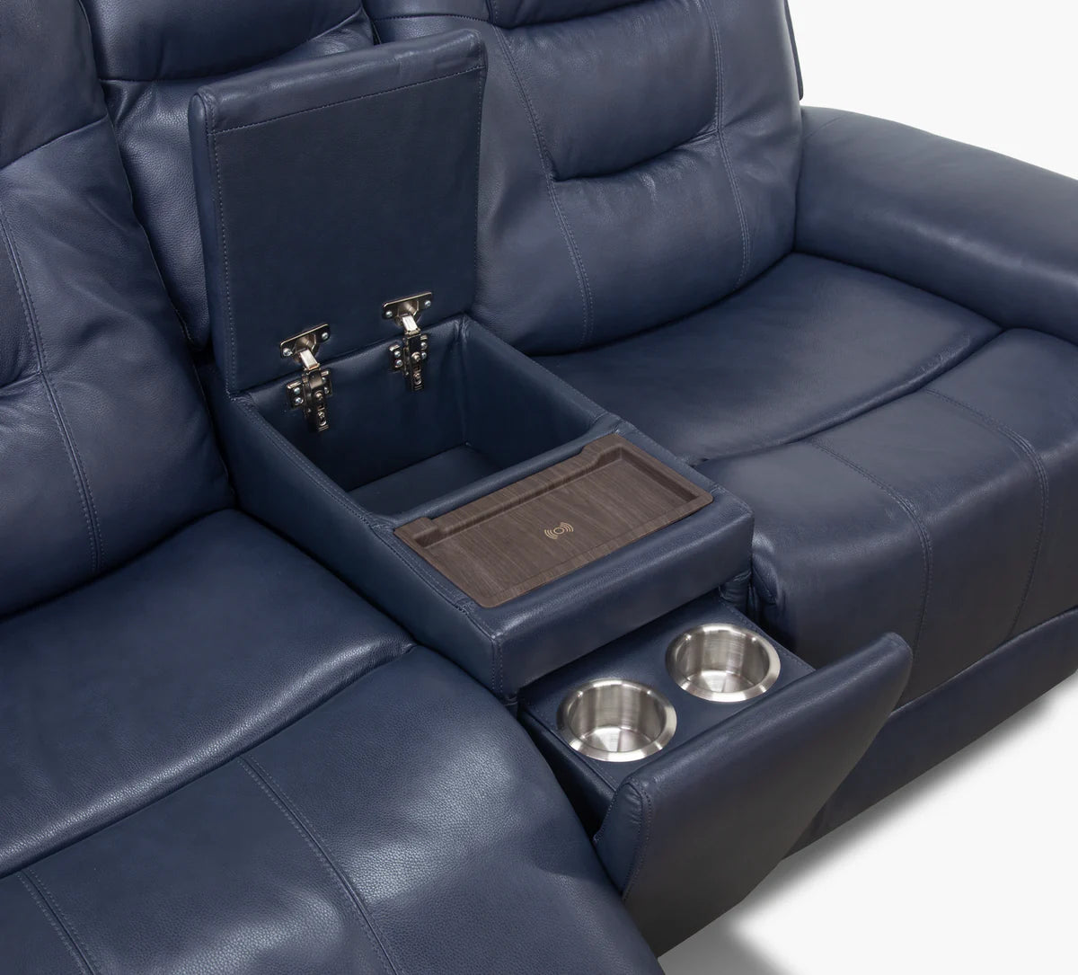 Navy Blue Leather Manual Reclining Sofa and Console USB Loveseat