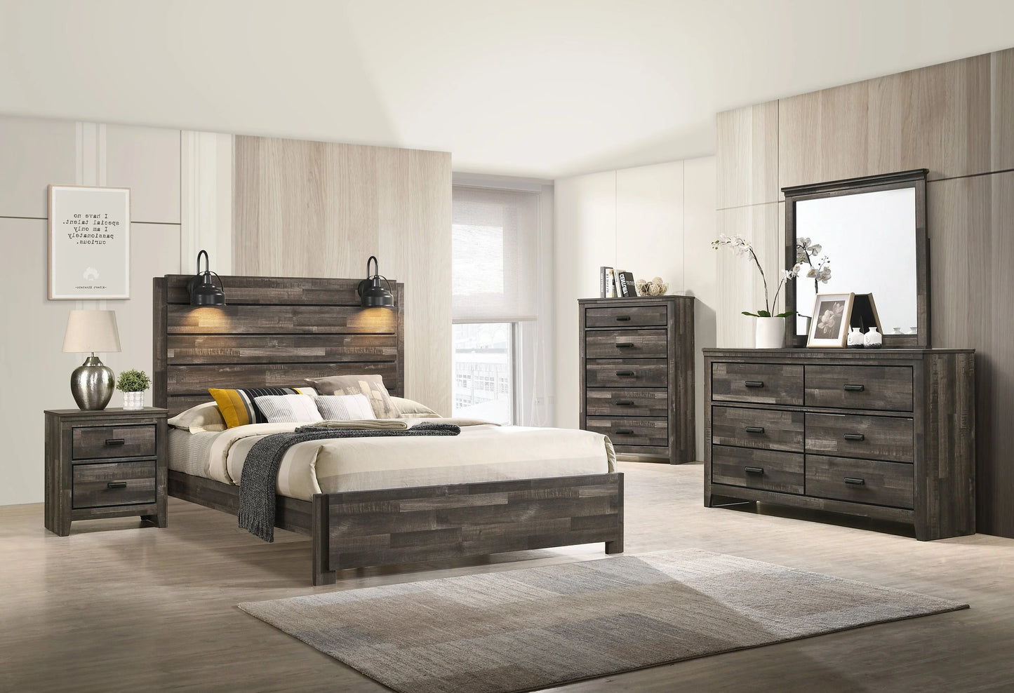 Shiplap Brown Lighted Queen Size Bedroom Set
