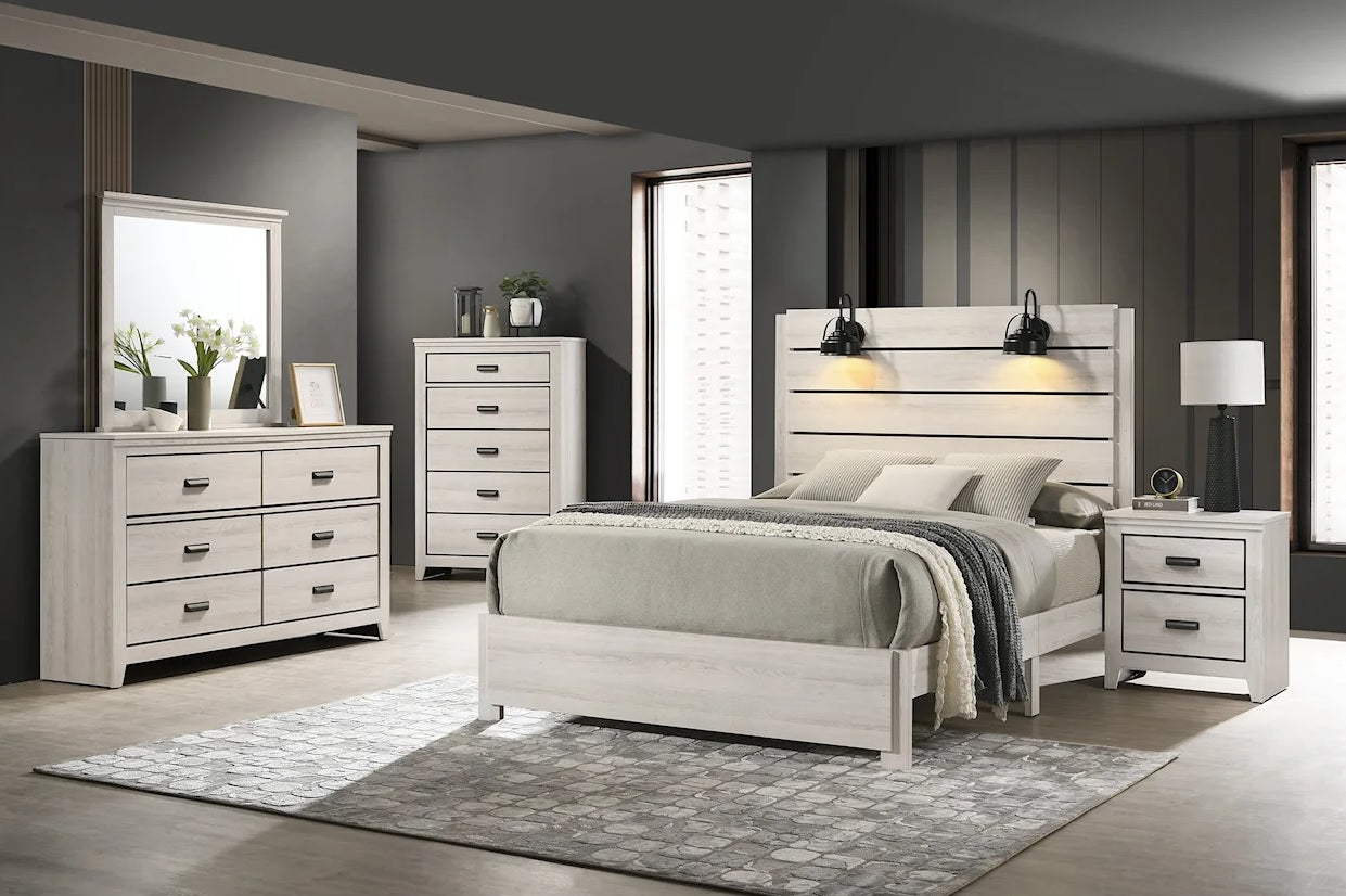 Rustic Farmhouse Queen Size Bedroom Set with Lights