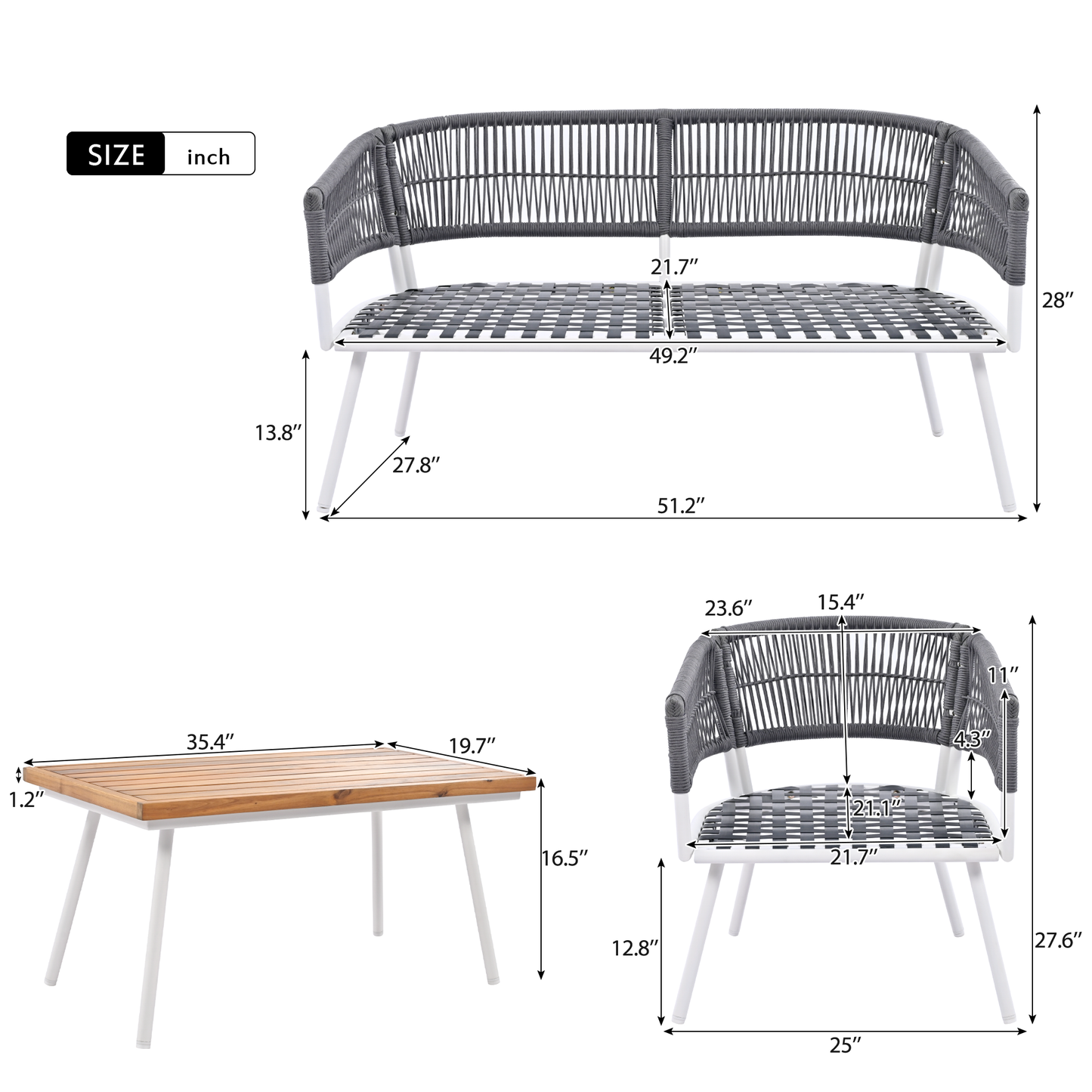 K&K 4-Piece Boho Rope Patio Furniture Set, Outdoor Furniture with Acacia Wood Table, Patio Conversation Set with Deep Seating & Thick Cushion for Backyard Porch Balcony, Grey