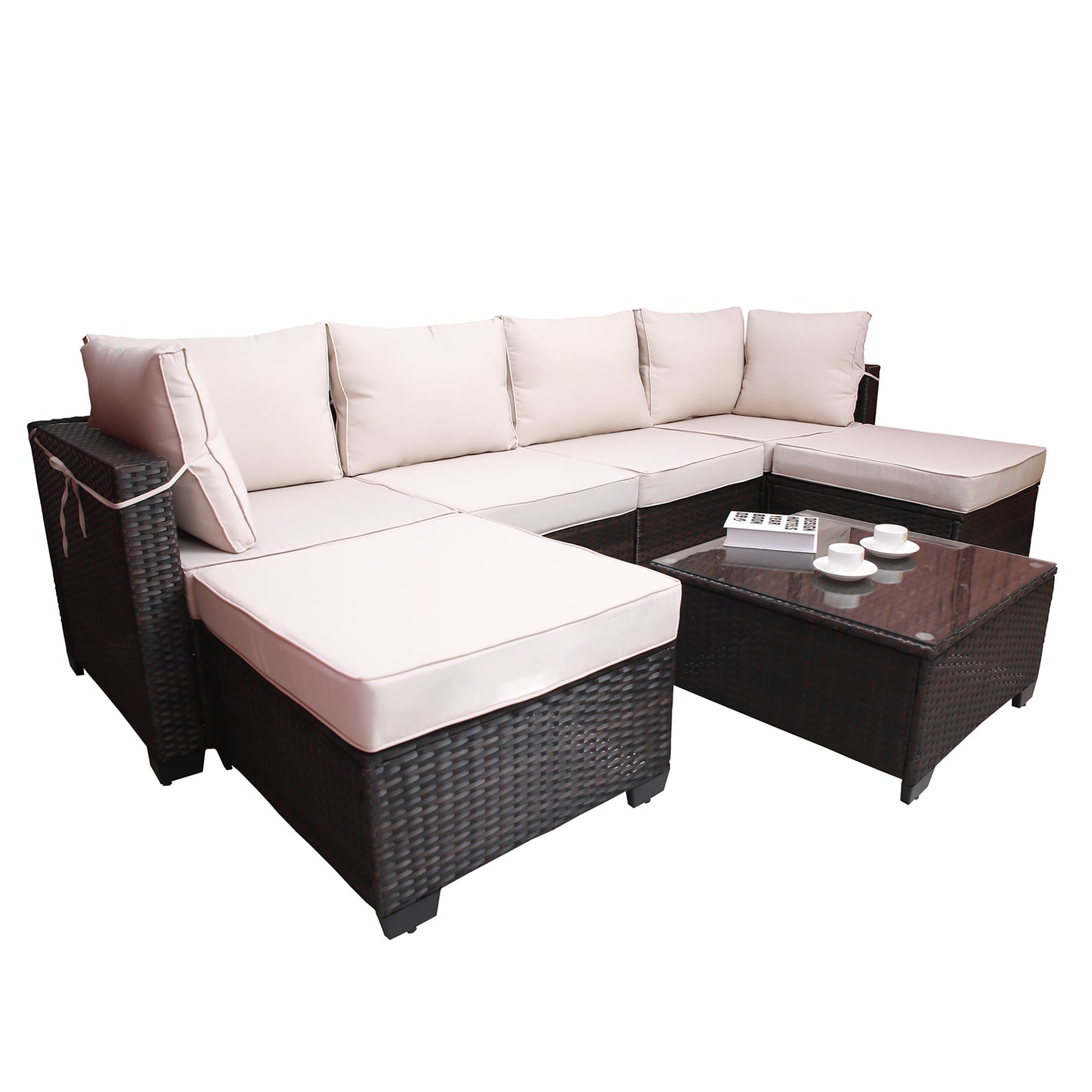Outdoor Garden Patio Furniture 7-Piece PE Rattan Wicker Cushioned Sofa Sets and Coffee Table, patio furniture set;outdoor couch;outdoor couch patio furniture;outdoor sofa;patio couch