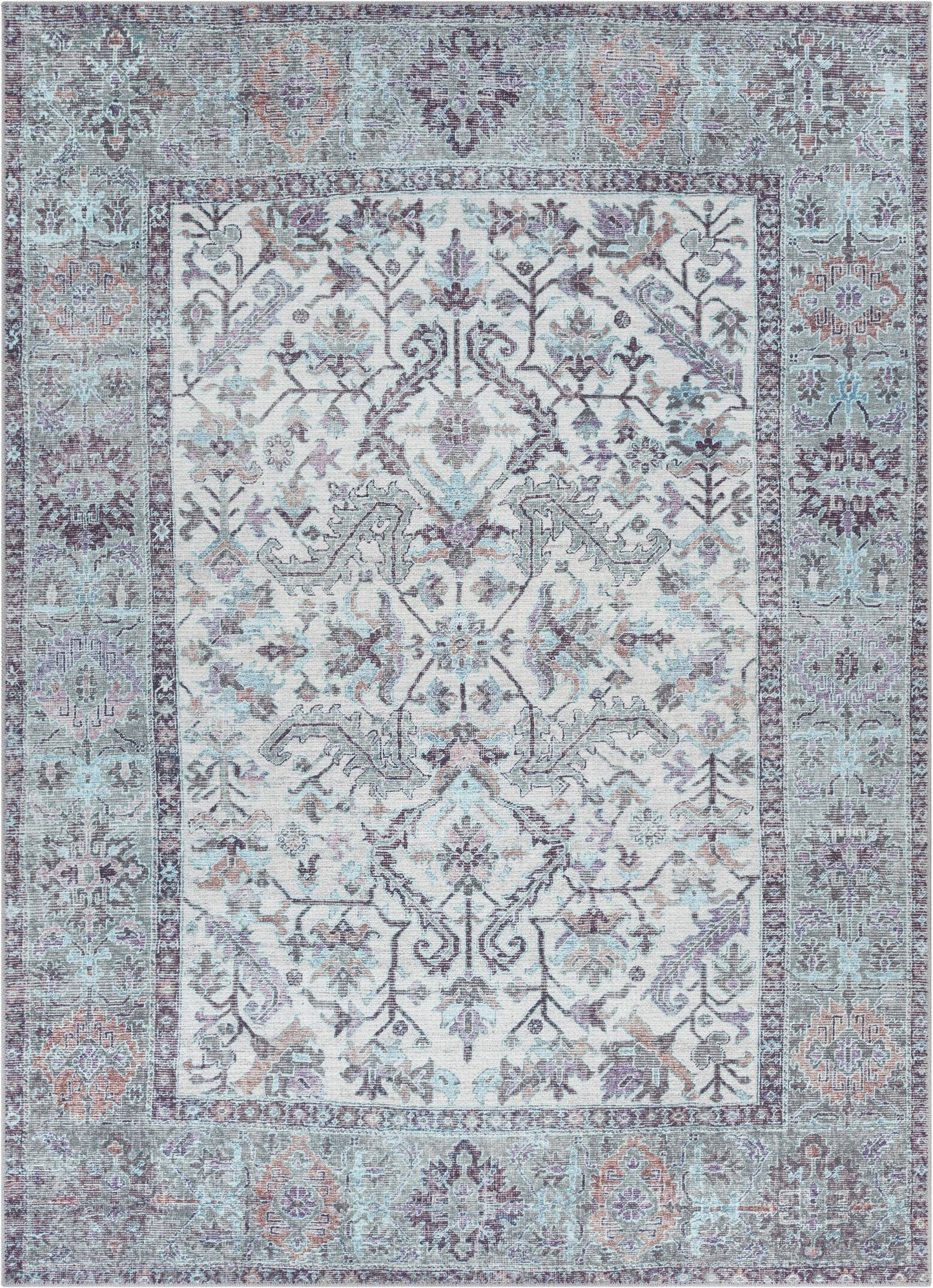 Macon Machine Washable Vintage Medallion Botanical Border: 5'3" x 7'3"