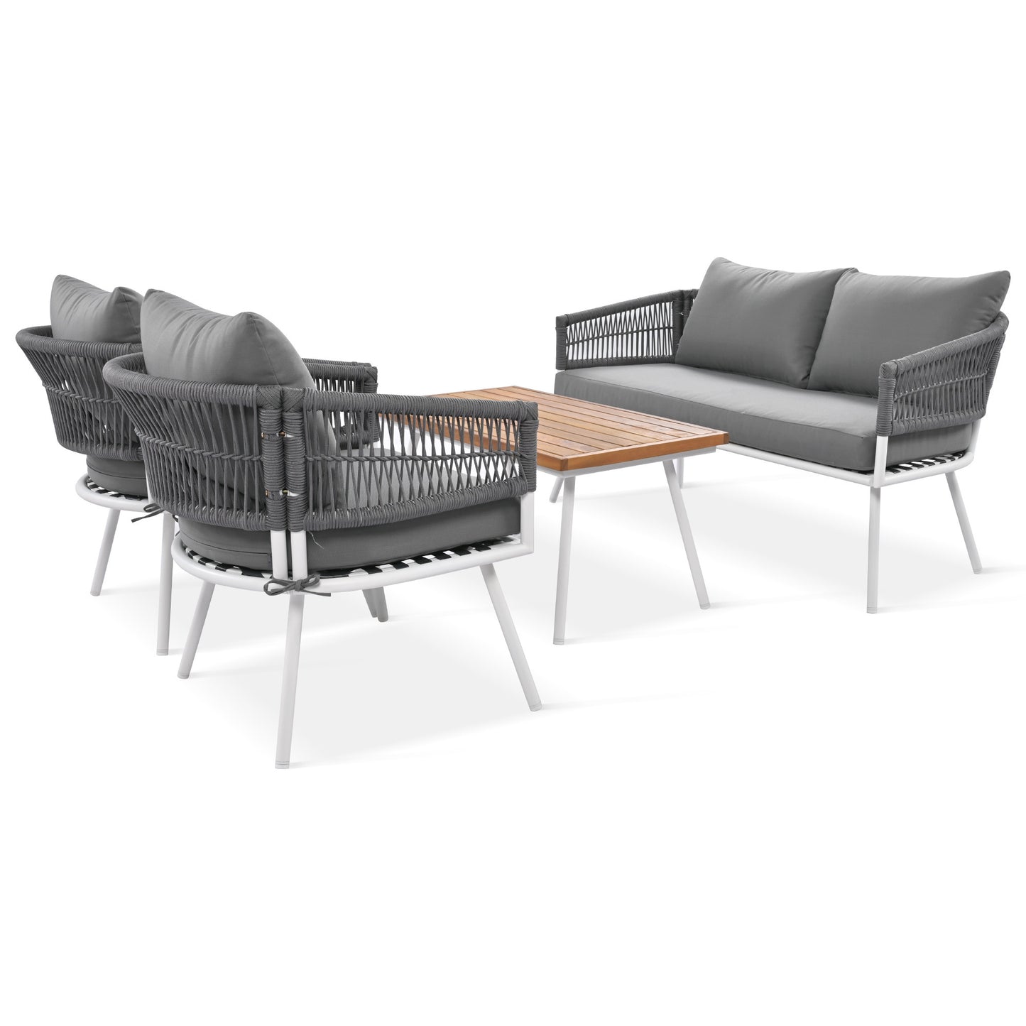 K&K 4-Piece Boho Rope Patio Furniture Set, Outdoor Furniture with Acacia Wood Table, Patio Conversation Set with Deep Seating & Thick Cushion for Backyard Porch Balcony, Grey