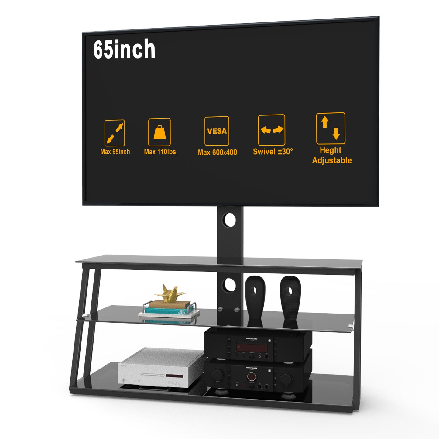 Black Multi-Function Angle And Height Adjustable Tempered Glass TV Stand