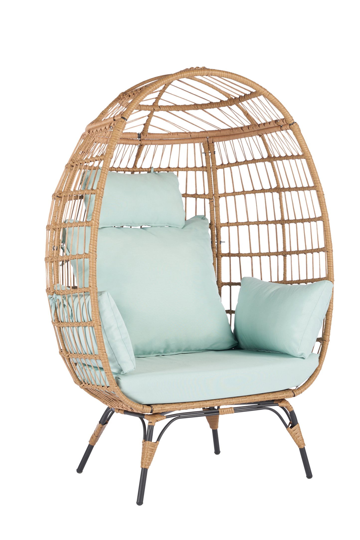 Wicker Egg Chair, Oversized Indoor Outdoor Lounger for Patio, Backyard, Living Room w/ 5 Cushions, Steel Frame, - Light Blue