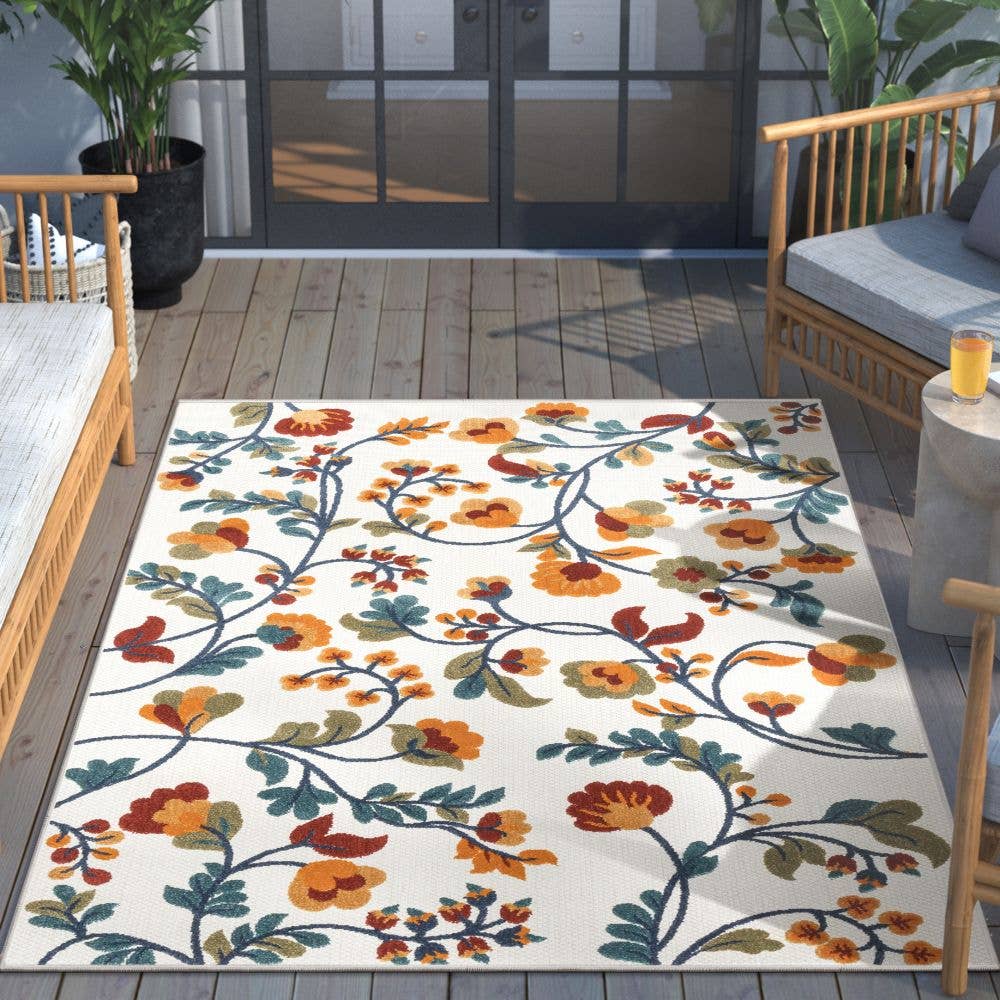 Neveh Beige Modern Floral Indoor Outdoor Rug: 5'3" x 7'3"