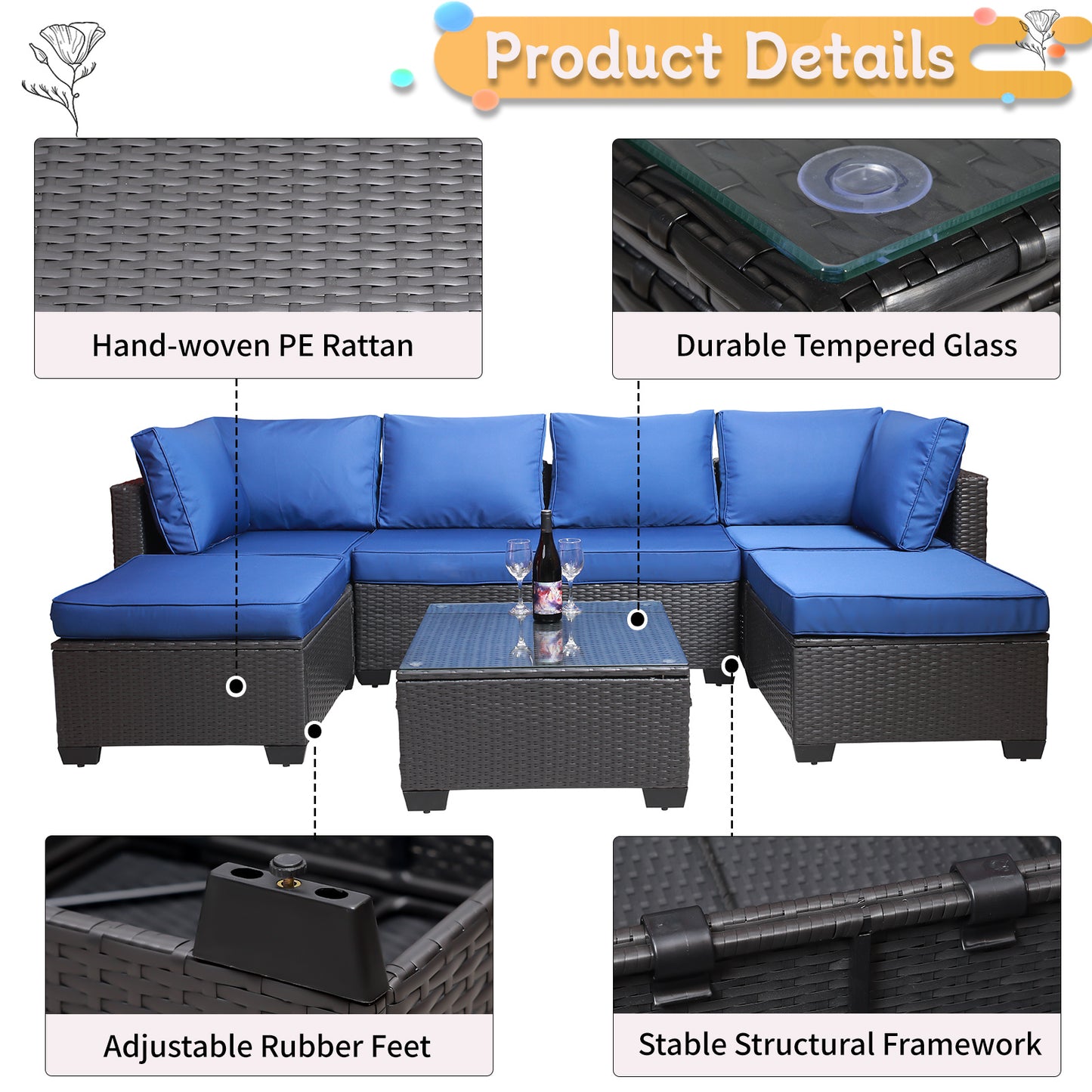 Outdoor Garden Patio Furniture 7-Piece PE Rattan Wicker Cushioned Sofa Sets and Coffee Table, patio furniture set;outdoor couch;outdoor couch patio furniture;outdoor sofa;patio couch