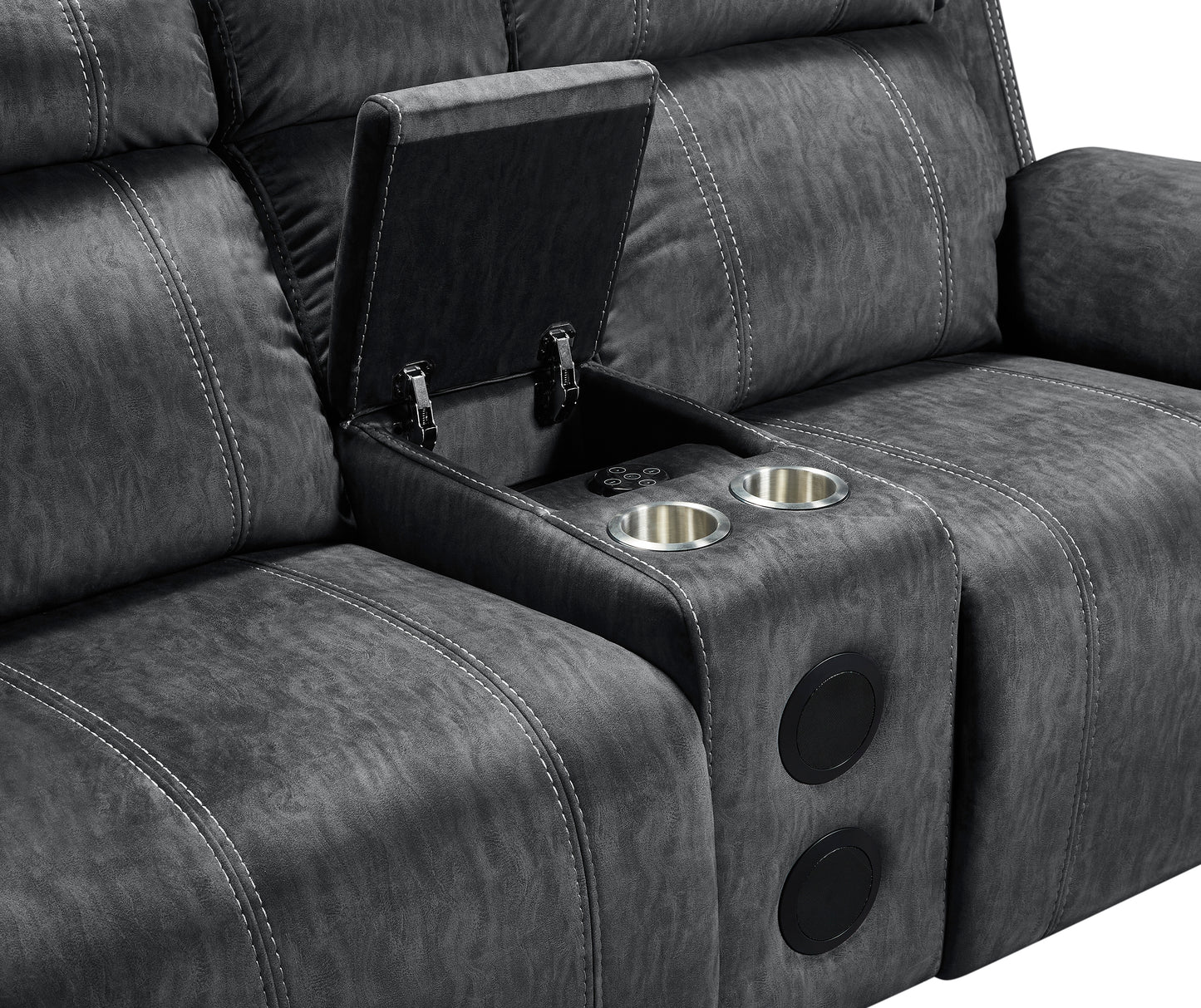 Bluetooth Speaker Shadow Gray Reclining Sofa and Loveseat