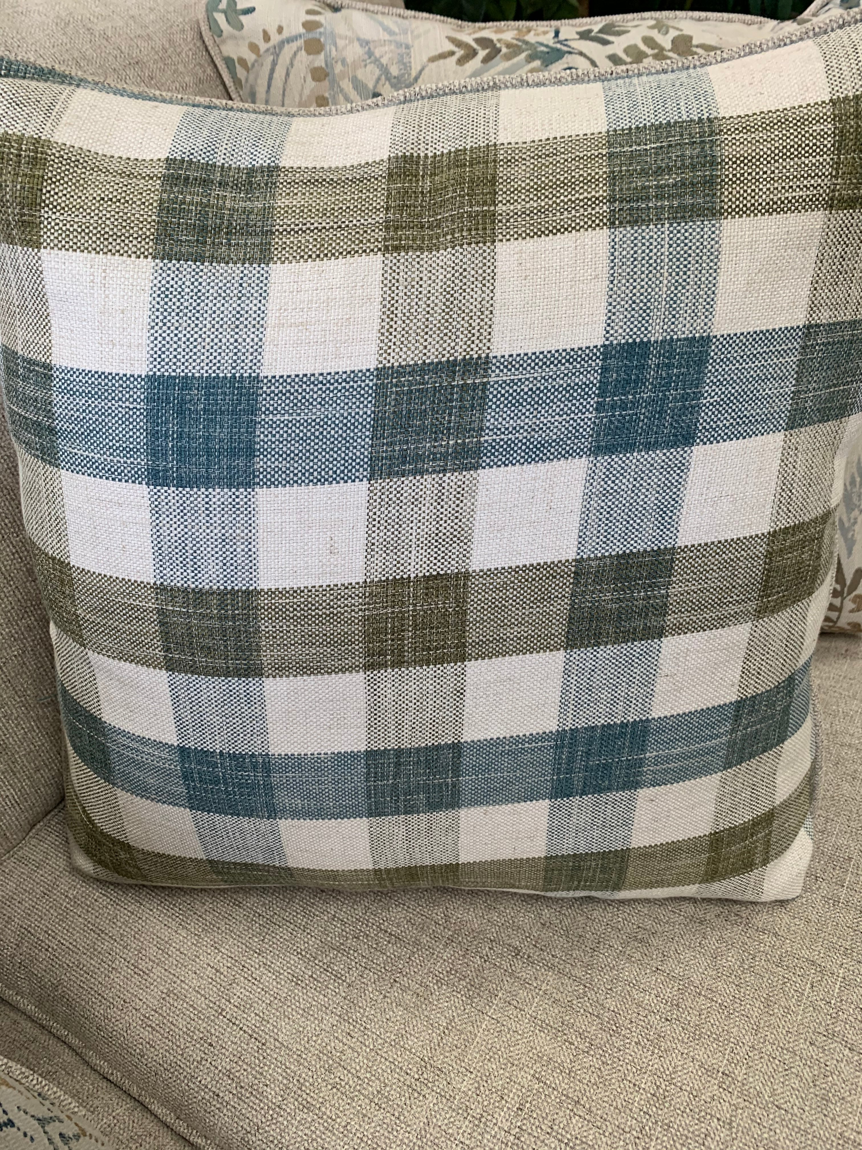 Farmhouse Beige and Green Checked Sofa and Loveseat