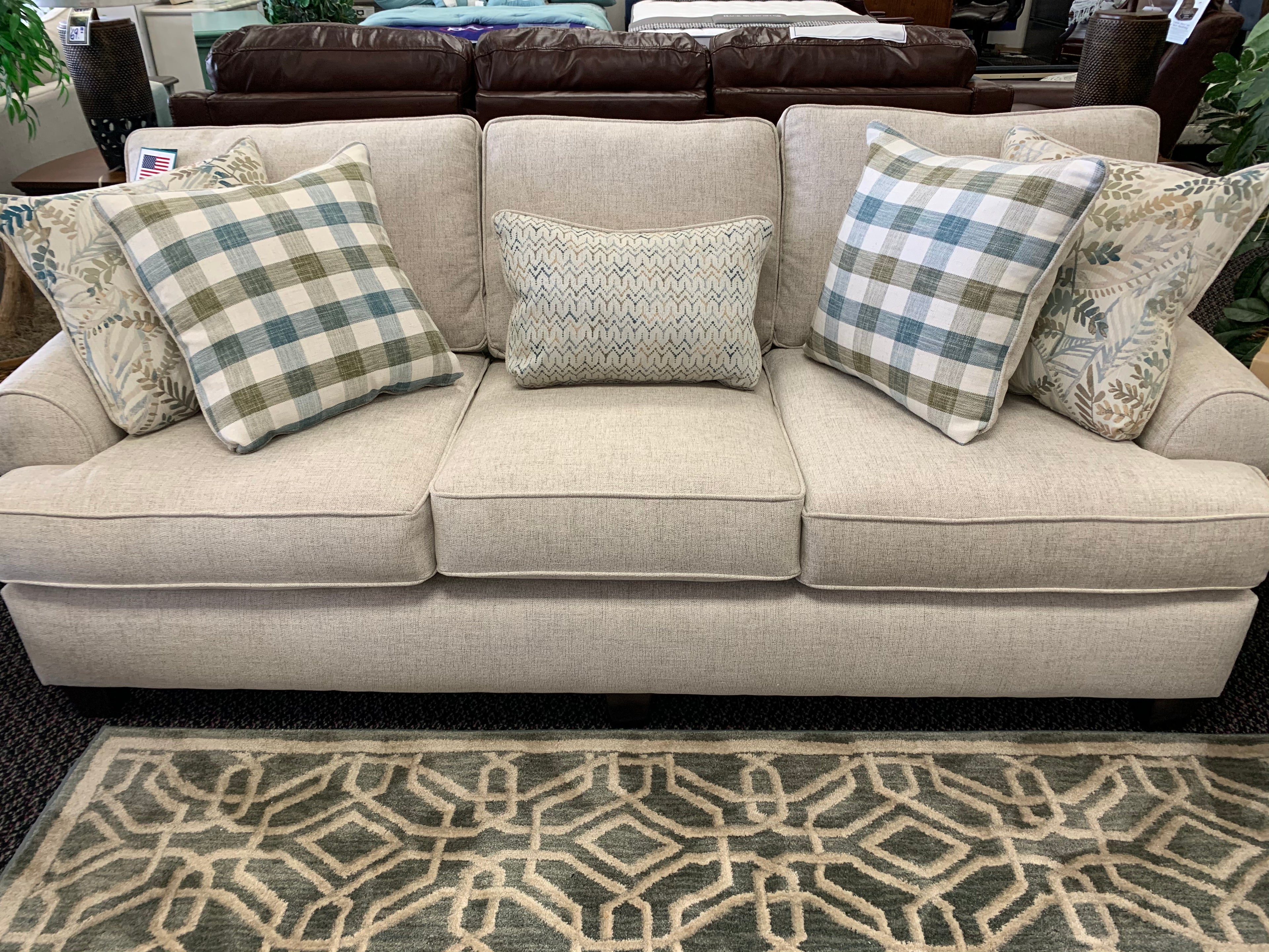 Farmhouse Beige and Green Checked Sofa and Loveseat