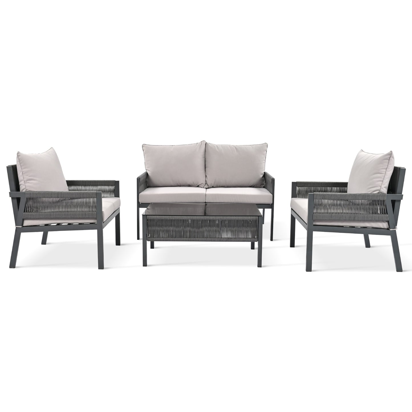 K&K 4-Piece Rope Patio Furniture Set, Outdoor Furniture with Tempered Glass Table, Patio Conversation Set Deep Seating with Thick Cushion for Backyard Porch Balcony (Grey)