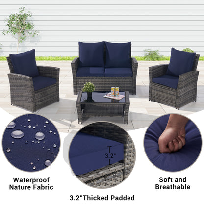 4 Pieces Outdoor Patio Furniture Sets Garden Rattan Chair Wicker Set, Poolside Lawn Chairs with Tempered Glass Coffee Table Porch Furniture,  Gray Rattan +  Dark Blue color Cushion