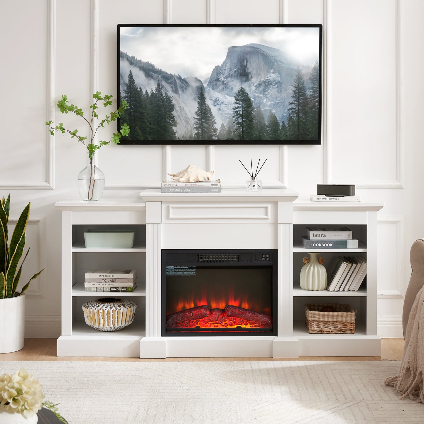 Media Console Table with Large Storage Cabinet, with 23" Fireplace Insert, for TV Up to 70'', Modern TV Media Entertaionment Stand, White, 65.75"W*17"D*32.48"H