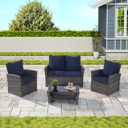 4 Pieces Outdoor Patio Furniture Sets Garden Rattan Chair Wicker Set, Poolside Lawn Chairs with Tempered Glass Coffee Table Porch Furniture,  Gray Rattan +  Dark Blue color Cushion