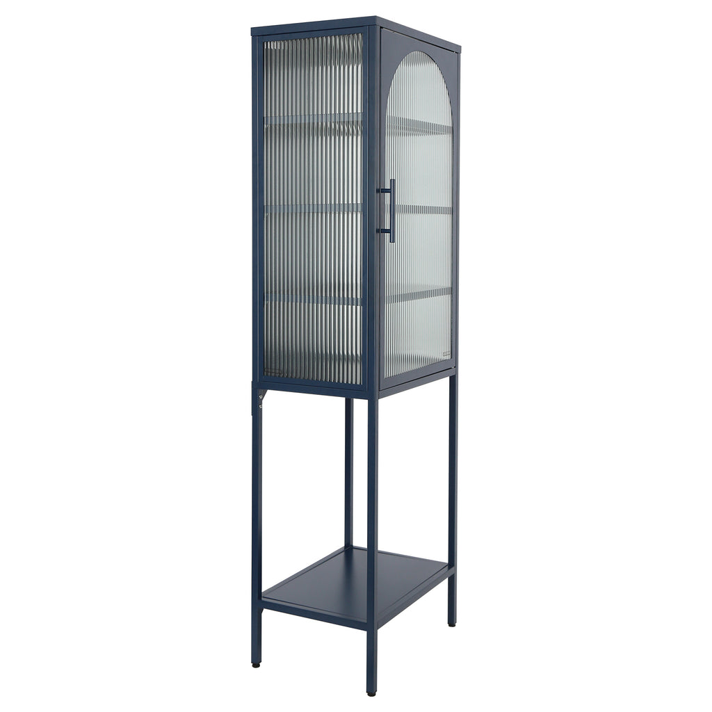 Stylish Tempered Glass High Cabinet with Arched Door Adjustable Shelves and Feet Anti-Tip Dust-free Fluted Glass Kitchen Credenza Blue
