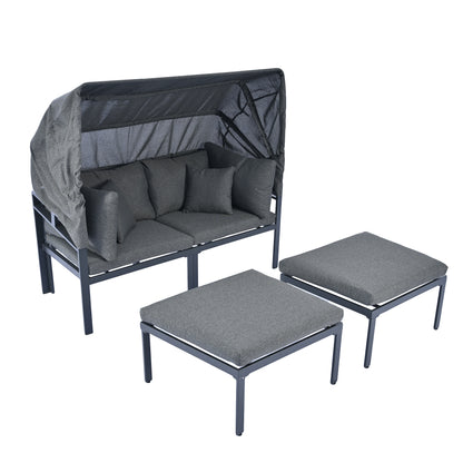 TOPMAX 3-Piece Patio Daybed with Retractable Canopy Outdoor Metal Sectional Sofa Set Sun Lounger with Cushions for Backyard, Porch, Poolside,Grey