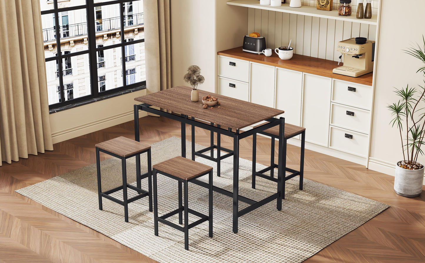 TREXM 5-Piece Compact Bar Table Set with Table and Stools - Modern Industrial Design, Space-Saving Furniture for Dining Room and Breakfast Nook (Dark Brown)