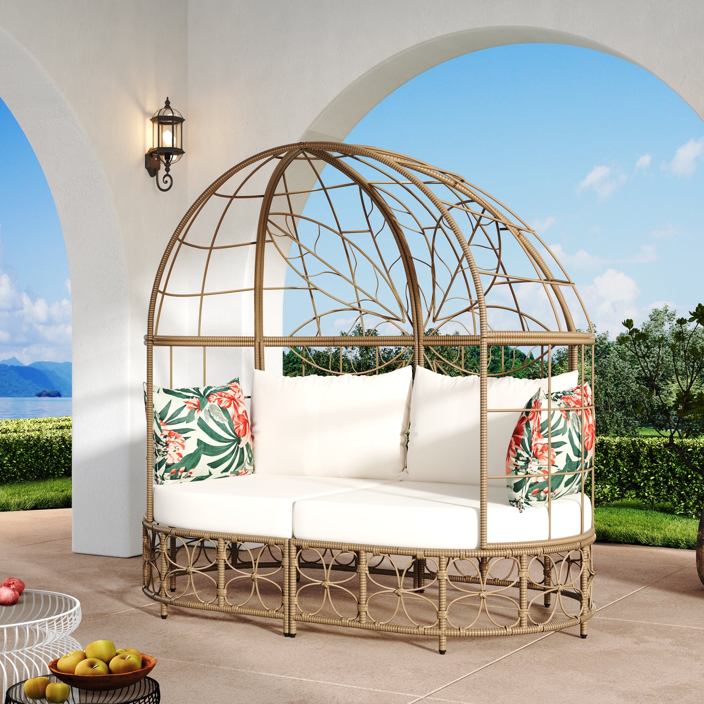 GO 59.8" Daybed Outdoor Sunbed With Colorful Pillows, Wicker Patio Daybed With Curtain, Floral Pattern, Natural Wicker, Beige Cushion