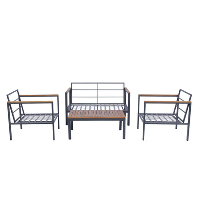 4 Piece Outdoor Sofa Set with Acacia Wood Top, Padded Patio Conversation Table Chair Set w/Coffee Table for Garden, Backyard, Poolside Dark Grey Cushion