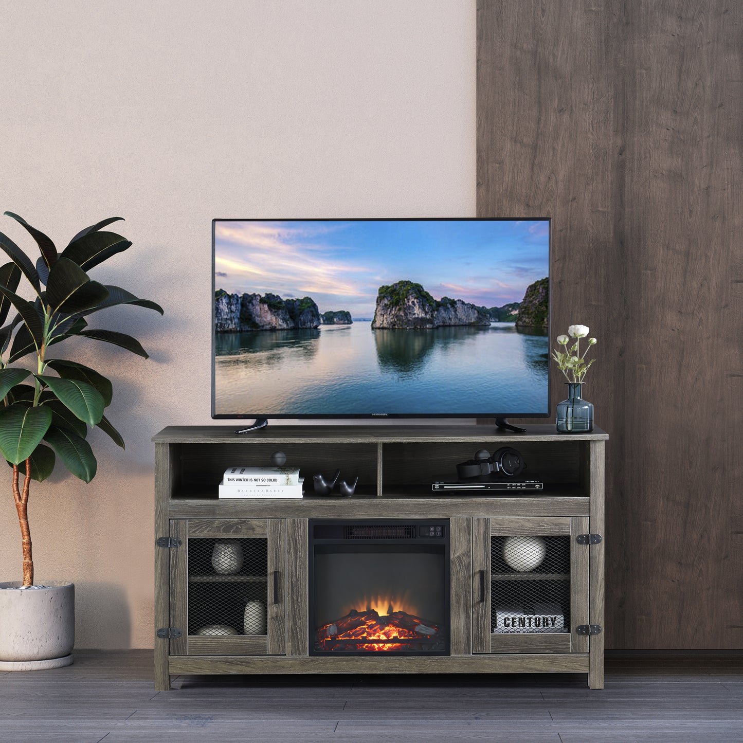 Modern Farmhouse TV Stand with Electric Fireplace, Fit up to 65" Flat Screen TV with Storage Cabinet and Adjustable Shelves Industrial Entertainment Center for Living Room, Grey