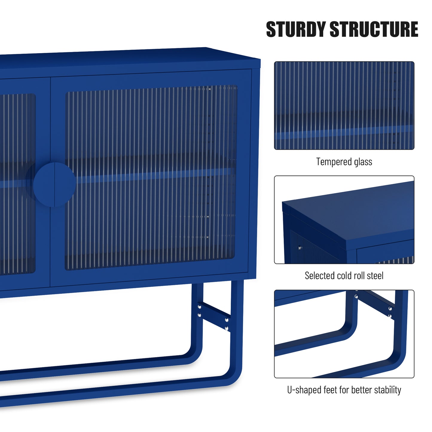 Stylish Tempered Glass Cabinet Credenza with 2 Fluted Glass Doors Adjustable Shelf U-shaped Leg Anti-Tip Dust-free Enclosed Cupboard for Kitchen Living Room Black/ Blue/ White